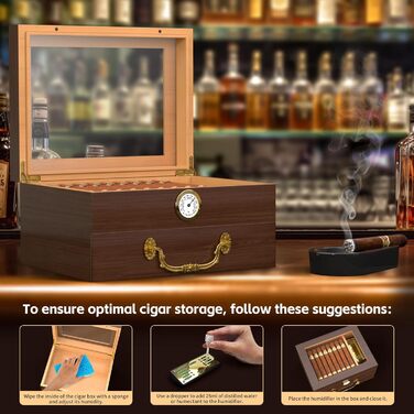 Герметичний вологомір для сигар | Humidor з вологоміром, виготовлений з порцелянового дерева, аксесуари, повний комплект аксесуарів | Для 20–70 сигар (Колір: чорне горіхове дерево)