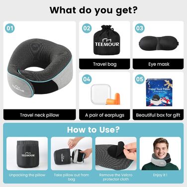 Подушка для шиї у літак Memory Foam з підтримкою 360°, набір для подорожей (очна маска, навушники, чохол), сіра