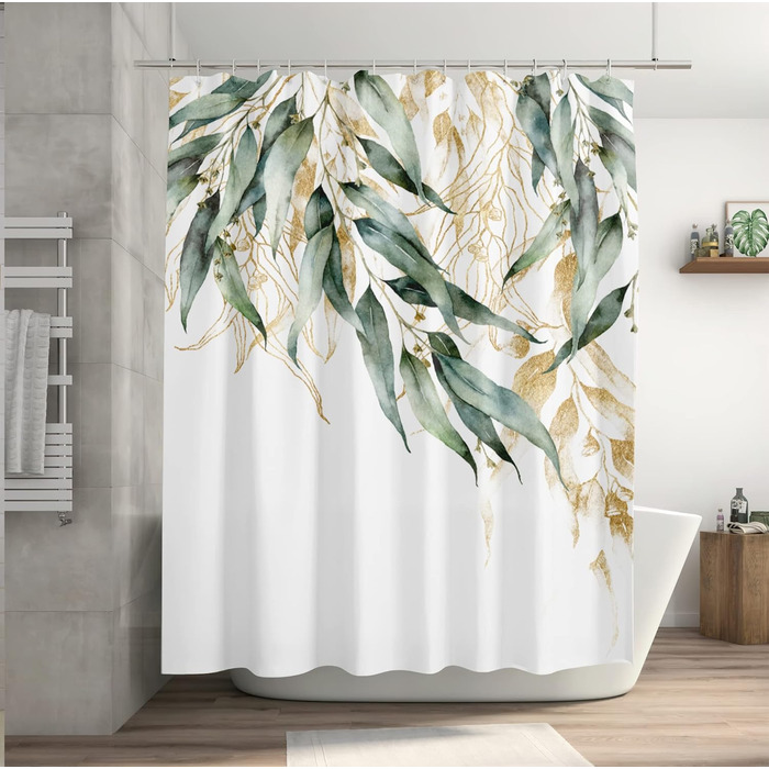 Штора для душу M&W DAS DESIGN з поліестеру, листя зелено-золоті, водонепроникна, з кільцями, 180x200 см