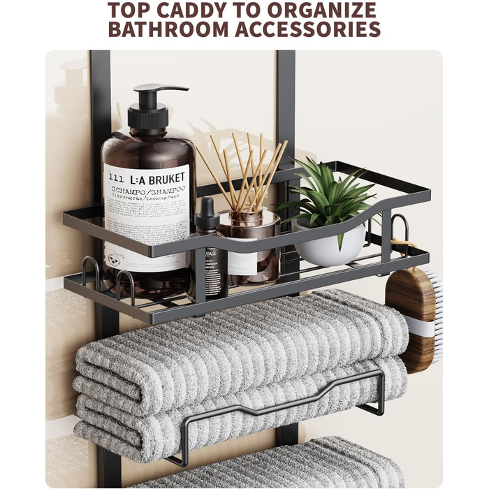 Настінний тримач для рушників у ванну кімнату, без свердління, 6-ярусна полиця для рушників над дверима, багаторівневий органайзер для рушників на двері, для складання (Чорний, 8 ярусів)