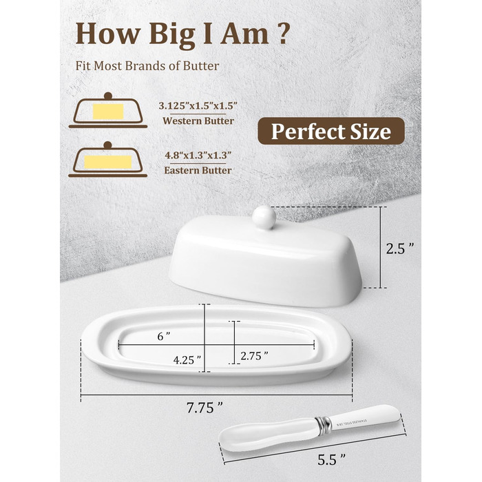 Ceramic Butter Dose with Lid and Knife for Countertop Refrigerator, 20.3 cm, White Butter Holder with Porcelain Lid Knob, Handle for East-West Butter Sticks