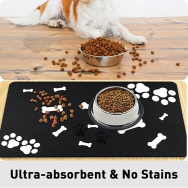Килимок для годування домашніх тварин, надпоглинувач, для собак та котів, з антиковзким гумовим дном, швидковисихаючий, можна прати, 40 x 60 см, 2 пари малюнків лап, чистий чорний кістяний візерунок