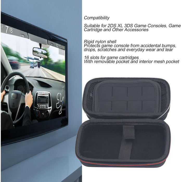 Carry Case for 3DS 2DS XL, Hard Shell Carry Case for 2DS XL, Portable Nylon Game Console, Hard Protective Case, Travel Bag with Game Cartridge Slots, Black