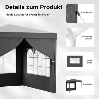 Toboli Pavilion 3 x 3 m in Grey with UV Protection 50+, Garden Pavilion with Removable Sides, Party Tent with Windows for e.g. Terrace and Festival
