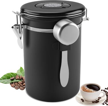 Герметичний контейнер для кави 1.8L з нержавіючої сталі 304 з датою розкриття та мірною ложкою для кави, зерен, чаю, борошна, зерна та цукру (Білий) (Чорний)