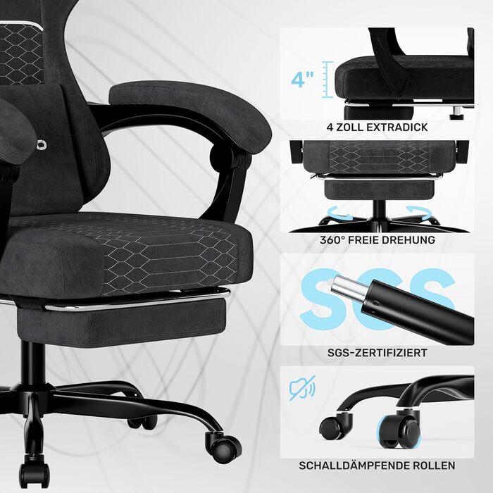 Геймерське крісло Ergonomisch з підлокітниками, підставкою для ніг, подушкою для попереку та голови, регульованою висотою, оббивка PU, сірий (Чорний)