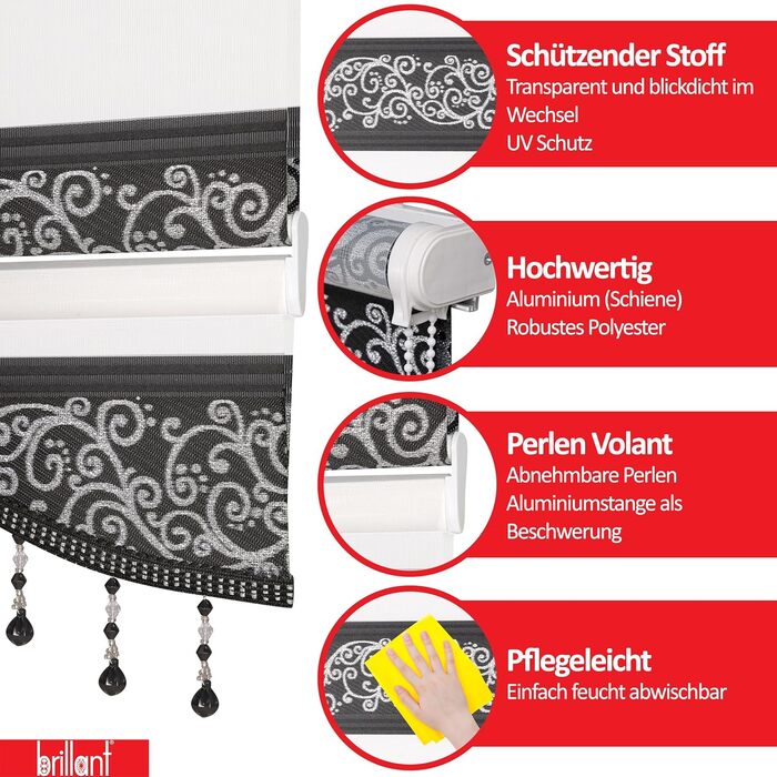 Double Roller Blind Klemmfix No Drilling White Silver 200 x 60 cm (Length x Width) Duo Roller Blind Blackout with Beads, Shimmers, Pleated Blind Window Door Zebra Blind Clamp Roller Side Pull Roller Blind (Grey Silver, W50 x H200 cm)