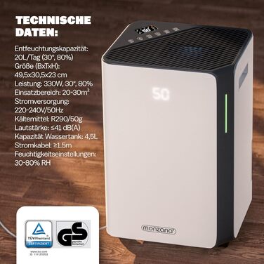 Електричний осушувач повітря MONZANA для дому та ванної кімнати, 20л, з LED-дисплеєм та 24-годинним таймером, очищувач повітря для алергіків