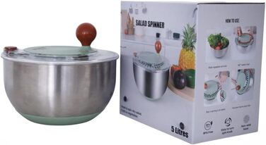 Салатниця-центрифуга з нержавіючої сталі, 500 г об'єму, 5 л, ручний привід з ручкою, неслизький кришка та випуск води, придатна для миття в посудомийній машині, ідеальна для свіжих салатів та овочів