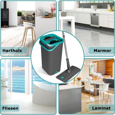 Набір для миття підлоги з відром, Masthome, компактний, з віджимом, 3 мікрофібрових насадок, нержавіюча сталь, 2 в 1, для дерев'яних, плиткових та мармурових підлог (сірий+блакитний, 3.7л)
