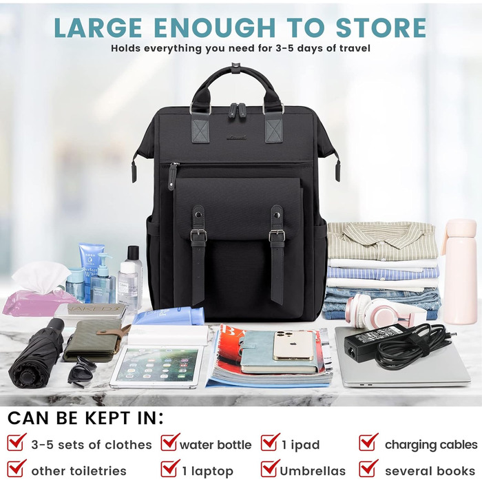 LOVEVOOK Рюкзак для жінок, 18 дюймів, водонепроникний, рюкзак для подорожей, ручна поклажа, чорний з кишенею для кабелю, відділенням для ноутбука, рюкзак на день для школи, університету, бізнесу та подорожей, 18 дюймів, чорний