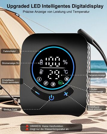 Портативна кемпінгова душ AUTOPkio з акумулятором 8000mAh, насосом та дисплеєм. IPX8, водонепроникна для відпочинку на природі, миття авто та домашнього використання. Чорний колір