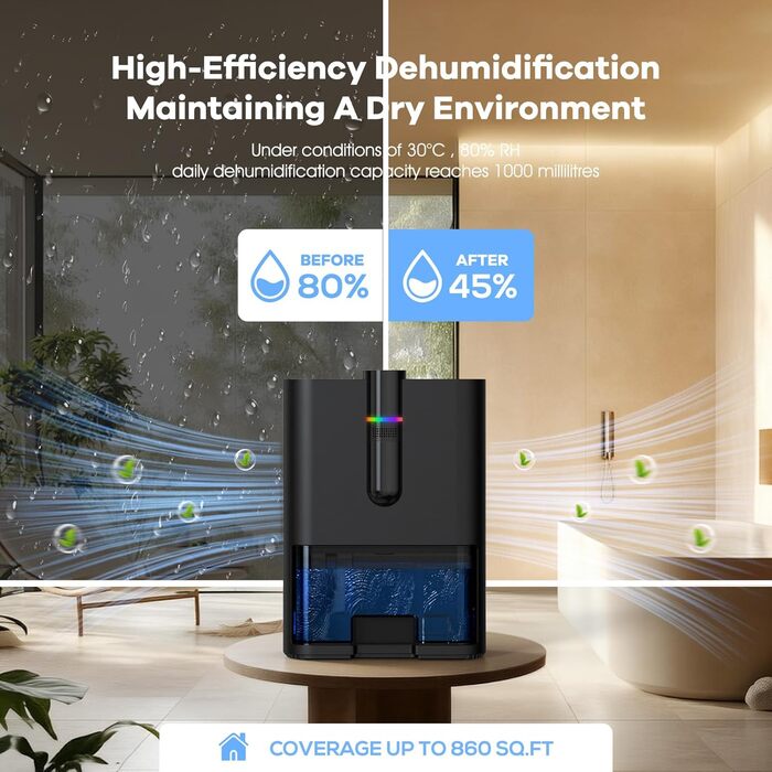 Електричний осушувач повітря для дому, 80м², 2500 мл, автоматичне відтанення, режим сну, захист від вологи та плісняви, для ванної кімнати/спальні, чорний