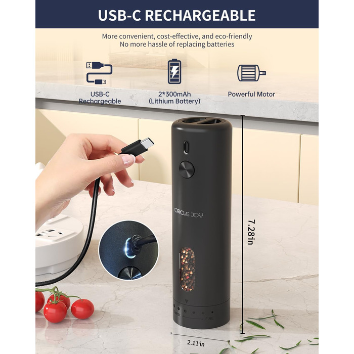 CIRCLE JOY електрична млинка для солі та перцю, з акумулятором, автоматична, 110 мл, регулювання помелу, біле LED-підсвічування, для однієї руки, чорна