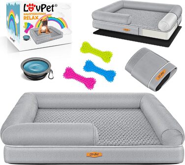 Orthopedic Dog Bed, Dog Cushion, Dog Basket Relax, Incl. Bowl + 3x Chew Bones, Dog Sofa for Small, Medium & Large Dogs, Removable and Washable Cover, 91x71x22cm (L (106 x 80 x 25 cm), Grey)