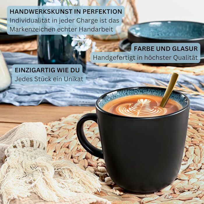 Набір кавових чашок Sänger Vigo (6 шт.) з порцеляни, 400 мл, блакитні з чорним обідком, стійкі до миття в посудомийній машині та мікрохвильовій печі | VALUE COLLECTION