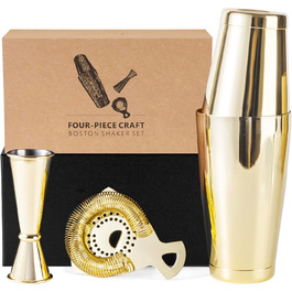 Boston Shaker Set - 4-Piece Cocktail Shaker Kit with 18/28 oz Boston Shaker Stainless Steel, Strainer, and Jigger, in a Stylish Gift Box - Ideal for Home Bar Use. (Gold)