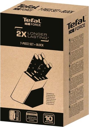 Набір ножів Tefal Ice Force (5 ножів) дерев'яний блок: ніж для хліба 20 см, шеф-ніж, ніж Сантоку 18 см, овочевий ніж 11 см, ніж для нарізки 9 см, нержавіюча сталь, коричнево-чорний, K232S5
