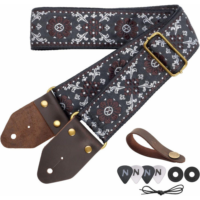 Гітарний ремінь Nefelibata з жаккардової бавовни з шкіряними кінцями Crazy Horse для бас-гітари, електрогітари та акустичної гітари. Подарунок для дітей та гітаристів