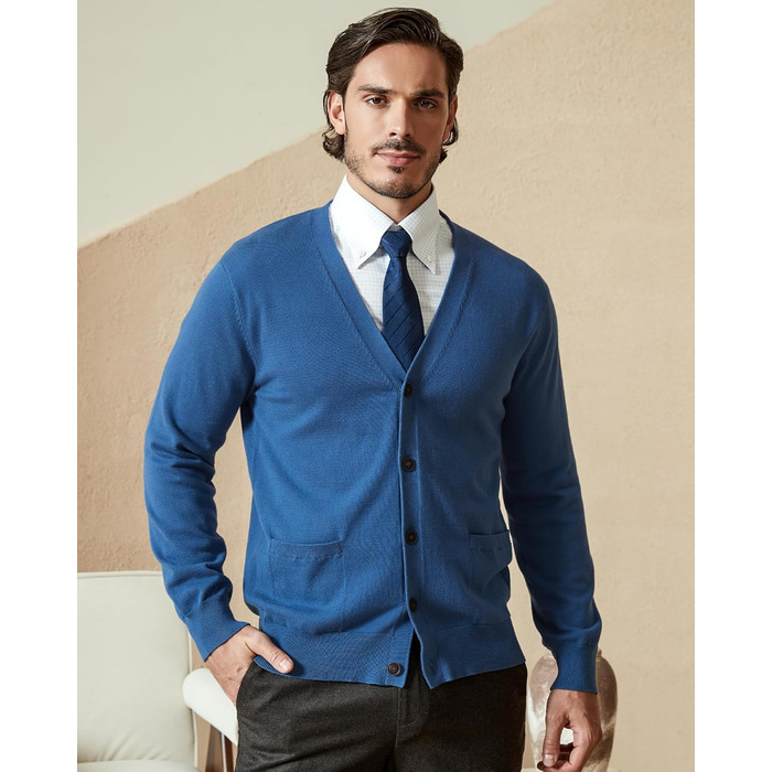 Чоловічий кардиган Kallspin з бавовни, V-подібний виріз, довгий рукав, з ґудзиками та кишенями, Casual (Синій, XXL)