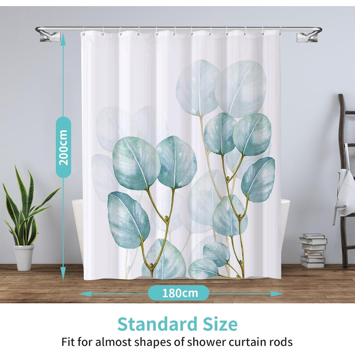 Шторка для душу REZAYMRS, 180x200 см, водонепроникна, з 12 гачками, поліестер, зелена, для ванної кімнати