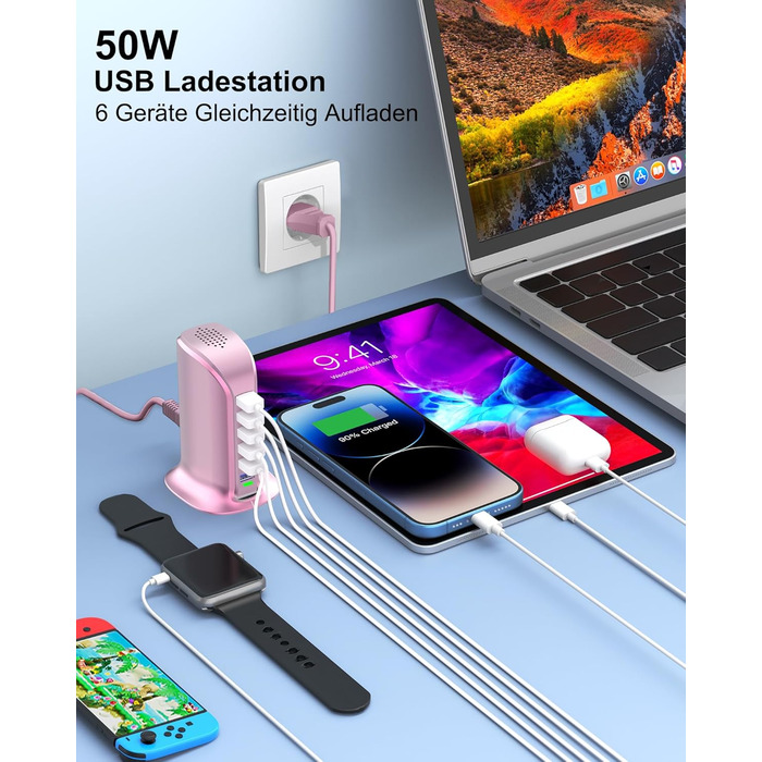 Зарядний пристрій USB багатопортовий 6 портів 25W/50W для iPhone, Samsung, LG, Huawei (Чорний/Рожевий)