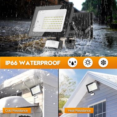 papasbox 2 Pack LED Floodlights with Motion Sensor and Light Sensor | Outdoor Floodlights/Spotlights with Remote Control | 6500K Cool White IP66 Waterproof Floodlight for Garden, Garage, Sports Field (50W, 2 Pack)
