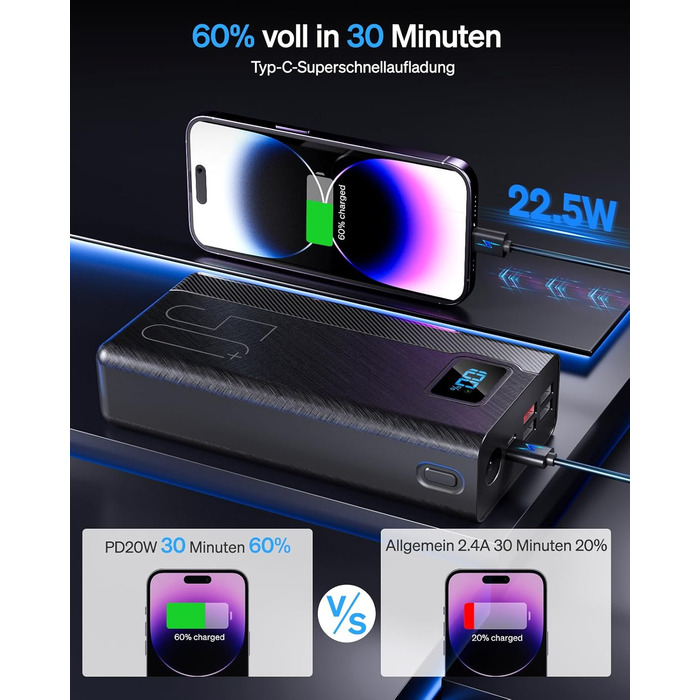 Power Bank 50000mAh 22.5W: Зовнішній акумулятор з великою ємністю, 5 USB виходів, 3 входи, чорний