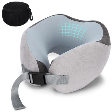 Подушка для подорожей Euqvunn з ефектом пам'яті (Memory Foam), ергономічна подушка для шиї в літак з охолоджуючим льодяним шовком та сумкою для зберігання, сіра