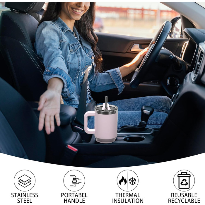 Термокружка WATERSY 40oz з нержавіючої сталі, 591 мл, з подвійними стінками, з ручкою та трубочкою, для гарячих та холодних напоїв (колір: рожевий)