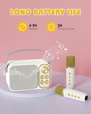 Караоке машина з 2 мікрофонами, портативна Bluetooth колонка для дітей та дорослих, 7 звукових ефектів, ідеальна для вечірок та свят (біла)