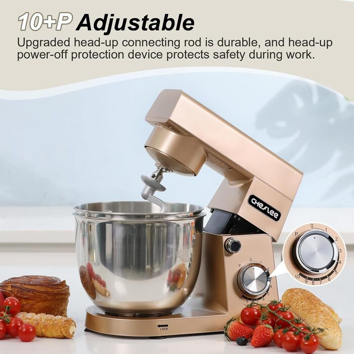 Кухонна машина Cheflee 1500W з місткими чашами з нержавіючої сталі (4.5L, 5.5L) та 10+ швидкостей, набір насадок (міксер, гак для тіста, вінчик, захист від бризок) (Золота)