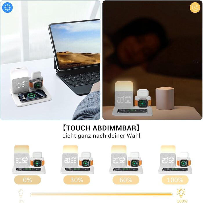 Бездротова зарядна станція COLSUR 3 в 1 для iPhone, Apple Watch, AirPods, 15W швидка зарядка, настільна лампа з годинником і зарядкою, біла