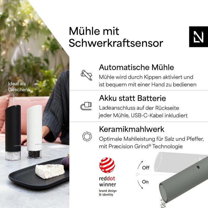 Електричні млини для солі та перцю LARS NYSØM Gravity Grinder - Набір з двох млинів, USB-C, регулювання помелу, для кухні (сірий)