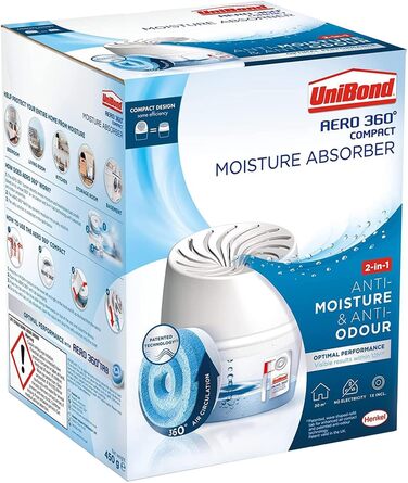 Unibond Aero 360 Compact Moisture Absorber, ultra-absorbent dehumidifier helps prevent condensation and musty odors, 1 unit included with 1 refill tablet 450 g in each box, bulk pack