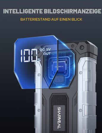 Пусковий пристрій (бустер) для автомобіля SHARMEAL 10000A, 12V Powerbank для бензинових та дизельних двигунів до 10.0 л, з LCD-дисплеєм та LED-ліхтарем