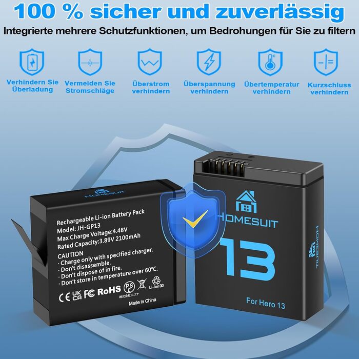 Зарядний комплект для GoPro Hero 13 Black: 2 акумулятори 2300mAh та швидке зарядне пристрій USB Type-C PD3.0 (2 шт.)