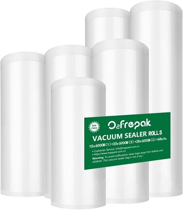 O2frepak 6 Rolls of Film 15x600cm (1) and 20x600cm (3) and 28x600cm (2) Vacuum Sealer Rolls for Food, BPA-Free Vacuum Sealer Bags Sous Vide Bags Film for Vacuum Sealers and Foil Sealers Suitable