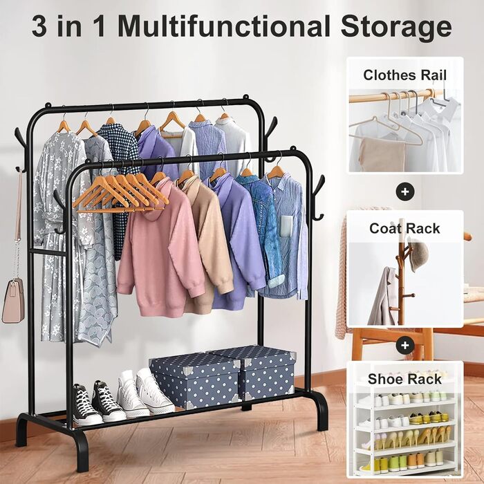 Metal Clothes Rack Clothes Stand Stable, Double Rod Durable with 1 Tier Shelf and 4 Side Hooks, Freestanding Clothes Rack, Multi-Purpose Organizer, Bedroom, Black