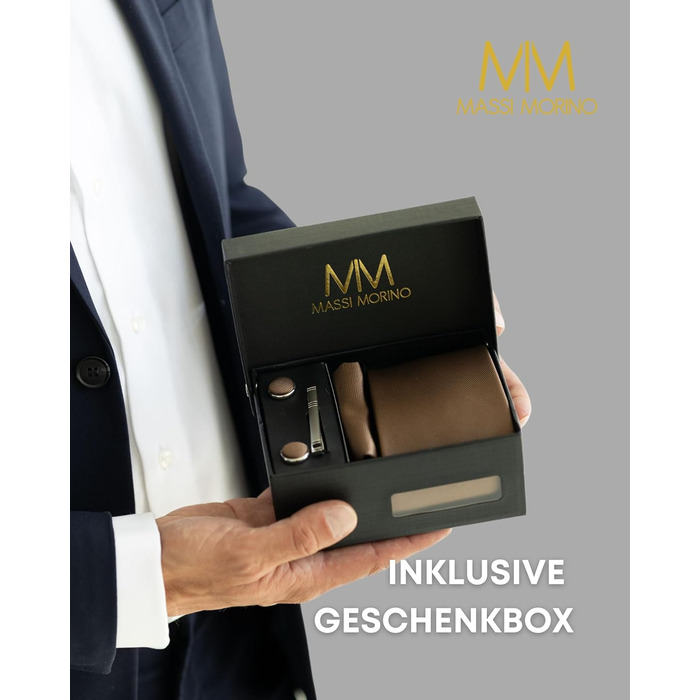 Набір краваток Massi Morino для чоловіків з нагрудним хустинкою, краватковою голкою та манжетними кнопками, подарункова коробка. Ідеально для весілля. Розмір універсальний, колір: коричневий
