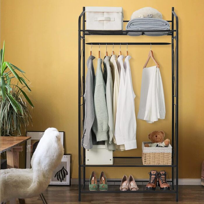 Metal Clothes Rack, Multifunctional Closet with 1 Clothes Rod and 3 Shelves, Coat Rack for Bedroom Dressing Room, 79×36×161cm