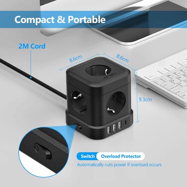 Сетевой фильтр JSVER Cube 5-fach с USB, 2м кабель, белый/черный. 3680W, 16A, 4 USB зарядки (17W) для офиса, дома, в дорогу.