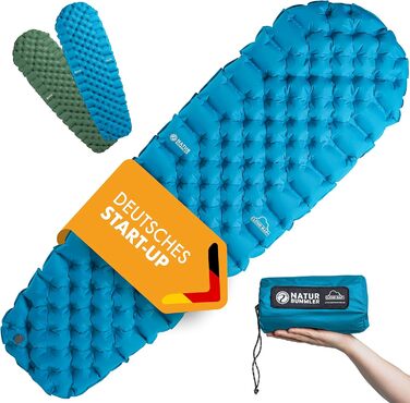 Килимок туристичний надувний NaturBummler® Ultraleicht [Cloud Nap+] (195x56 см) – для кемпінгу, трекінгу, фестивалів, подорожей – вологостійкий, складаний, зелений/блакитний