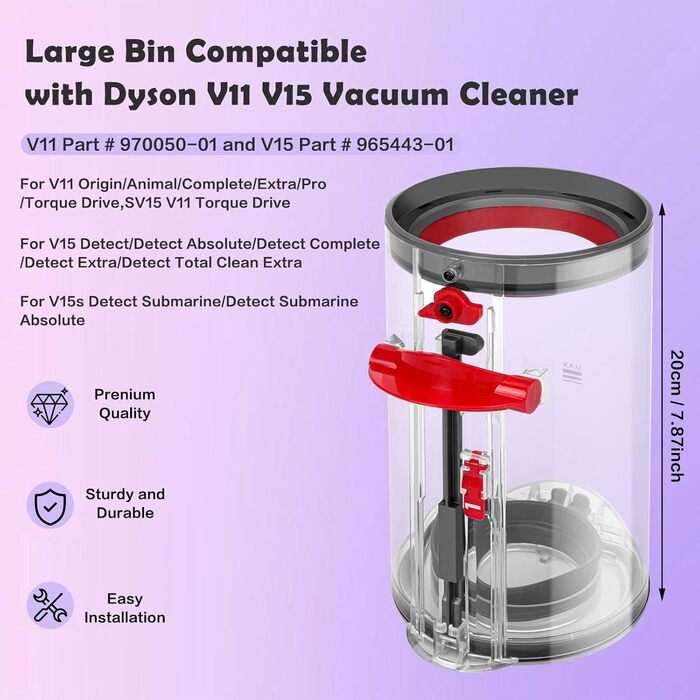 Dyson V11 V15 Dustbin Replacement - Compatible with SV14, SV17, SV15, SV22, SV28 Vacuum Models - Part Numbers 970050-01 & 965443-01