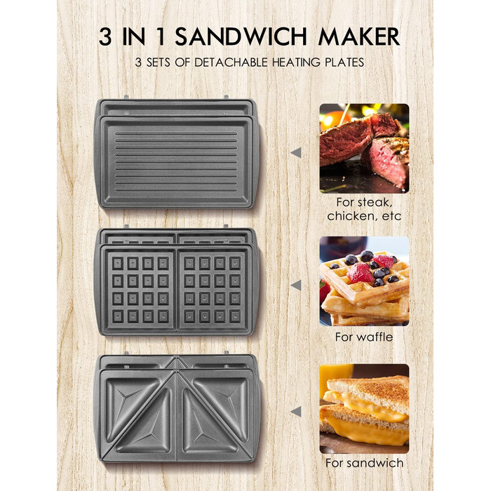 Sandwichmaker Yabano 3-в-1: сендвічниця, вафельниця, контактний гриль, антипригарне покриття, LED-дисплей, 800W