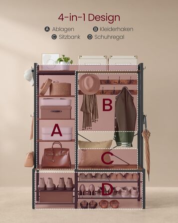 VASAGLE Coat Rack with Shoe Bench, Coat Rack, 5 Shelf Levels made of Particleboard, 9 Triple Hooks, 6 Side Hooks, 40 x 120 x 190 cm, Stone Gray-Ink Black HSR426B04 (Vintage Brown + Ink Black)
