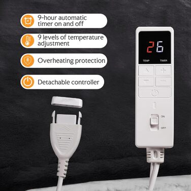 Електрична ковдра з автовимкненням – 130 × 180 см, 9 режимів нагріву + 9-годинний таймер, захист від перегріву до 8 годин, м'яка та приємна до тіла для дому та офісу, чорна