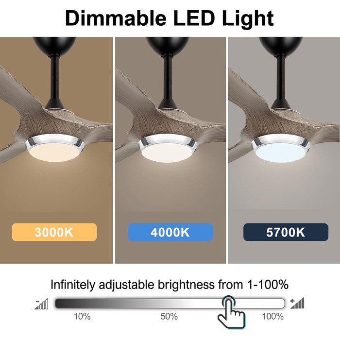 Стеляний вентилятор Reiga з підсвічуванням та пультом дистанційного керування, 132 см, тихий реверсивний двигун, 6 швидкостей, таймер, регульована яскравість та 3 колірні температури, коричневі лопаті (сірі та чорні лопаті)
