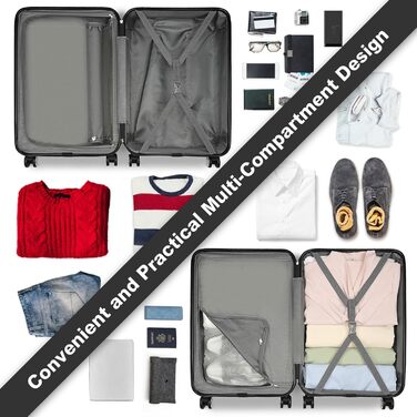 KONO Валіза-роликовий багаж середнього розміру 24 дюйми, ABS, з TSA-замком, 4 колеса, 65×44×25.5 см, Кремово-білий (Чорний, 3-частинний набір)