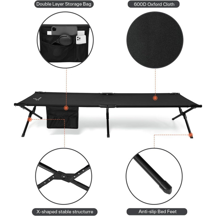 Розкладне ліжко Sportneer для кемпінгу та відпочинку на природі, 199x73 см, чорне